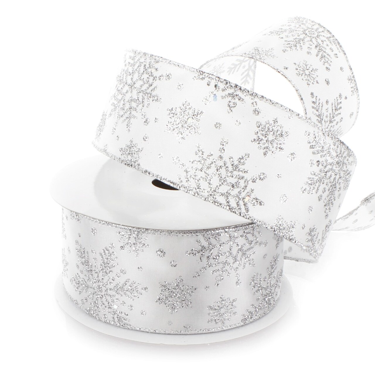 2 1/2" Wired Ribbon Glitter Snowflakes Satin White/Silver - 25 Yards